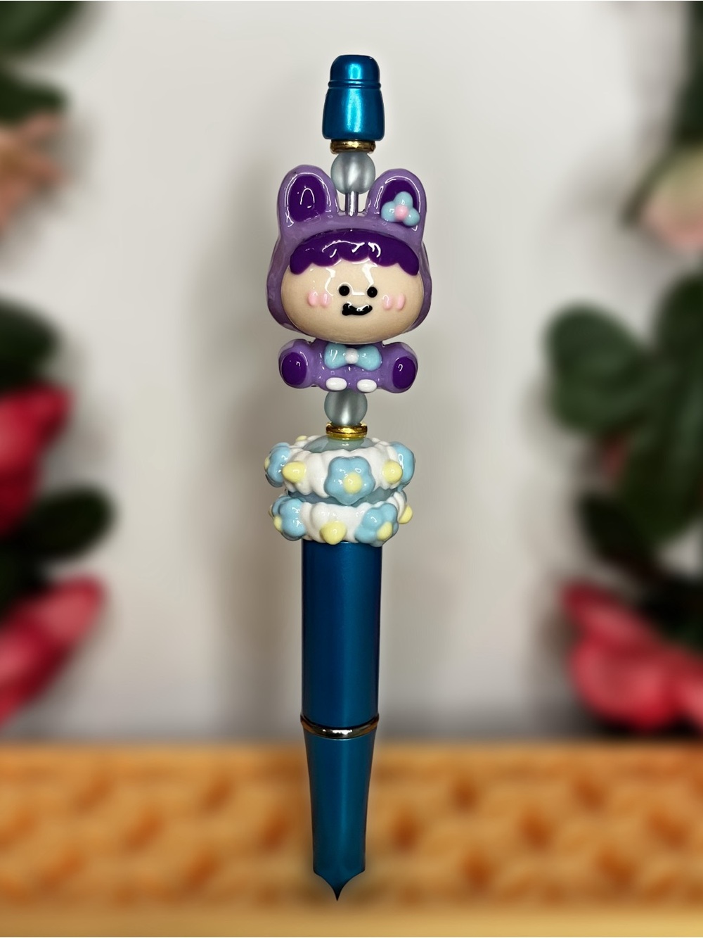 Purple Handpainted Baby with Sleek Blue Pen Barrel Handmade Beaded Pen